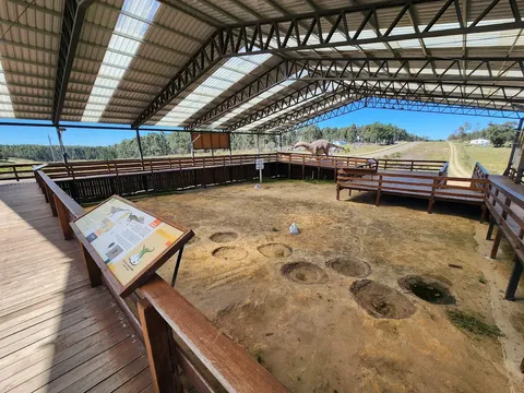 Elevated wooden walkways over the fossilized footprints, covered site at the Dinosaur Route